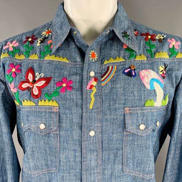 NEEDLES Size L Blue Multi Color Embroidery Chambray Snaps Long Sleeve Shirt - Picture 2 of 7